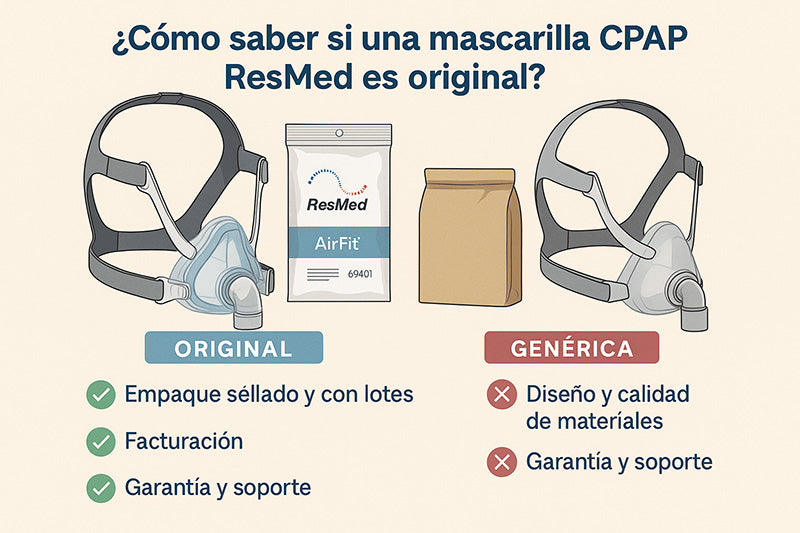 Comparación visual entre una mascarilla CPAP ResMed original con empaque sellado y una mascarilla genérica sin garantía