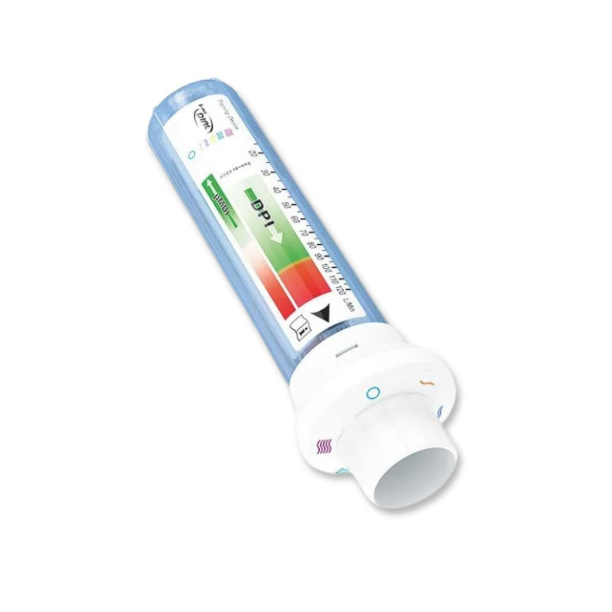 In-Check Dial G16 Flexicare: Medidor de flujo inspiratorio de mano con escalas pMDI y DPI y indicador visual de colores para entrenamiento de técnica de inhalación. Muestra el dispositivo completo listo para usar.
