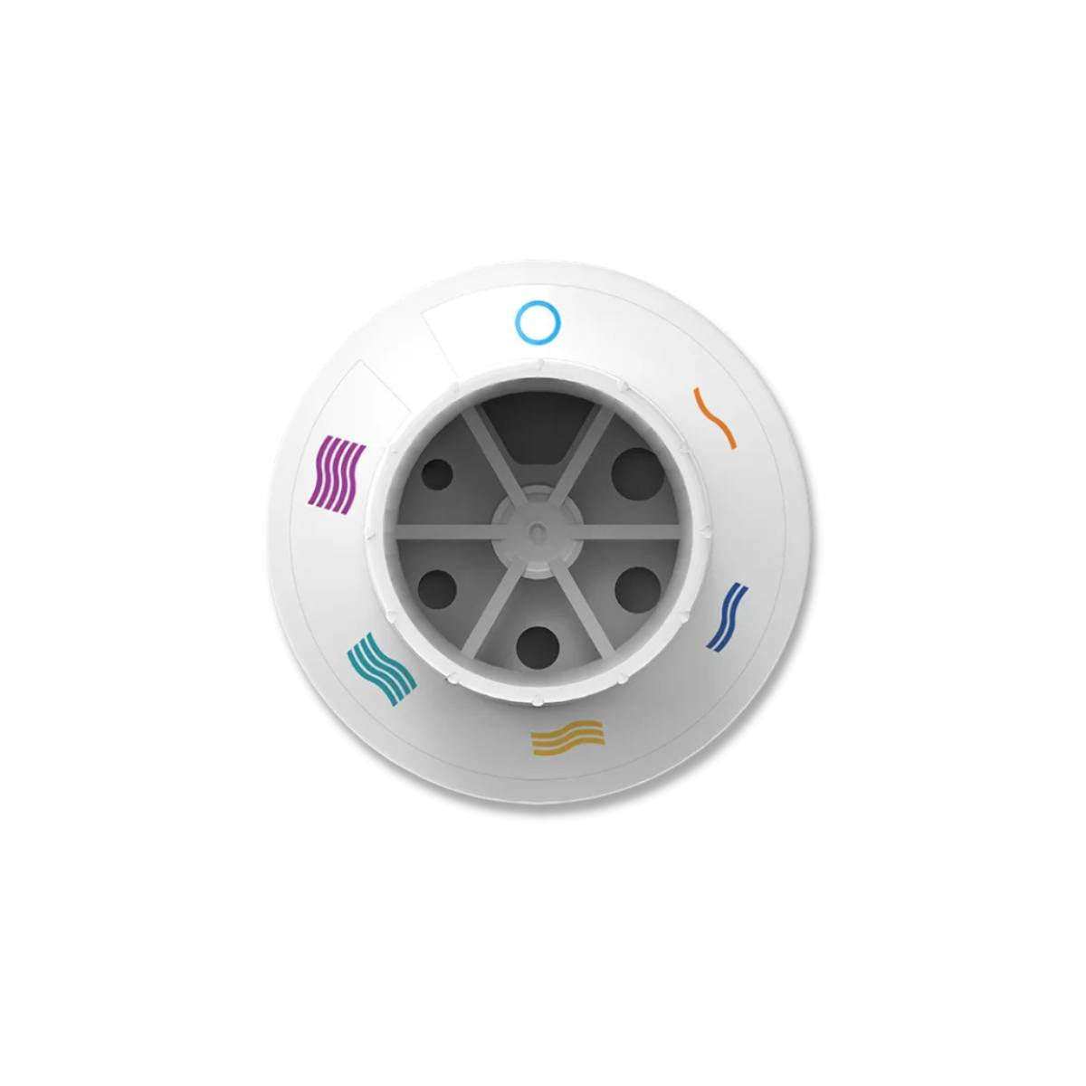 Primer plano del dial de control del In-Check Dial G16 Flexicare. Muestra los orificios de entrada de aire y los símbolos de ondas de colores que representan los niveles de flujo inspiratorio ajustables para simular diferentes inhaladores (resistencia de inhalación)