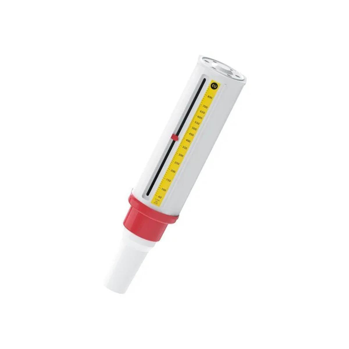 Medidor de pico flujo Mini Wright Estándar en posición vertical con escala amarilla visible de 60 a 800 L/min para monitoreo asmático
