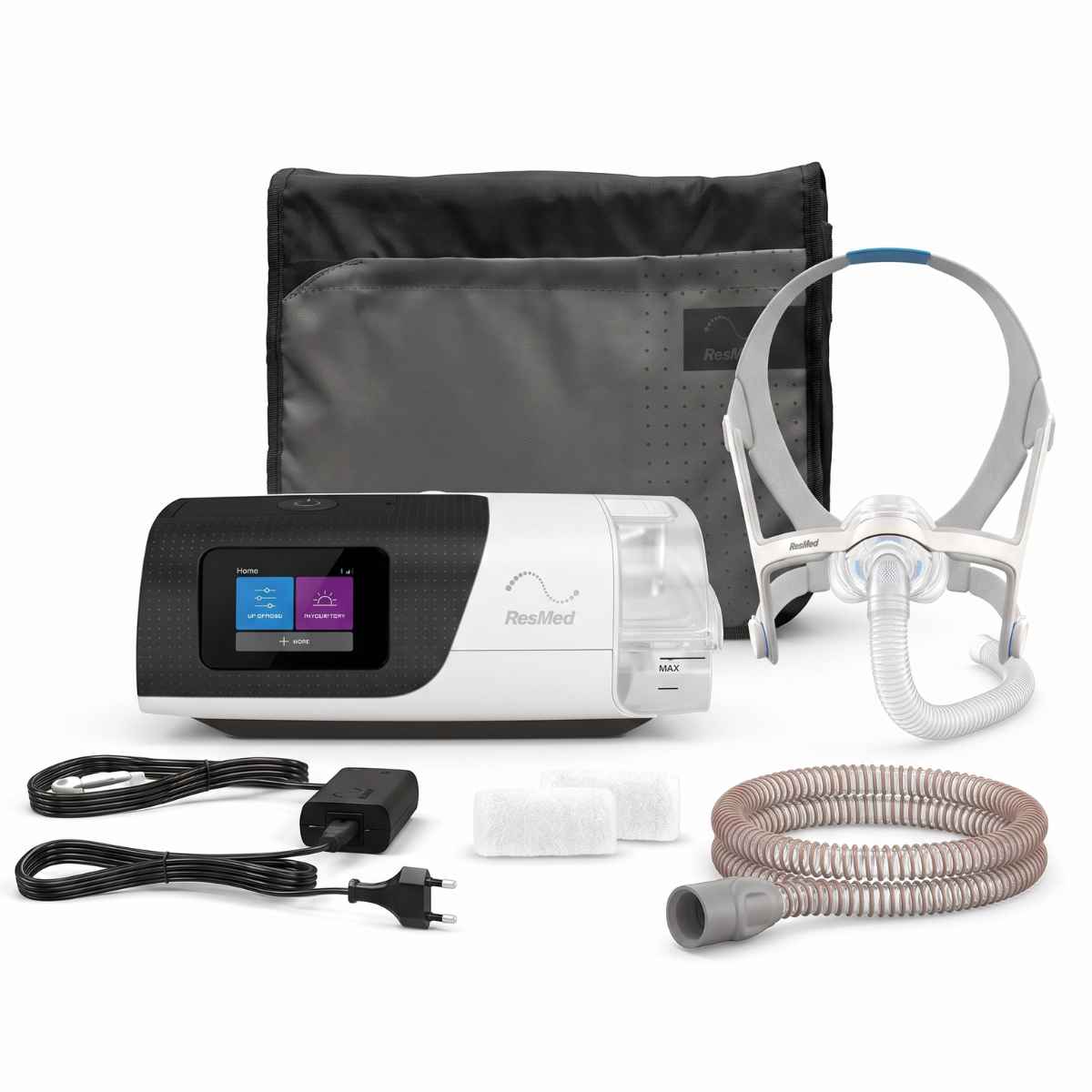 Kit completo del Paquete Airsense 11 CPAP fijo y mascarilla airfit N20 de la marca ResMed. Incluye equipo para apnea del sueño, mascarilla nasal, tubo, filtros y estuche de viaje