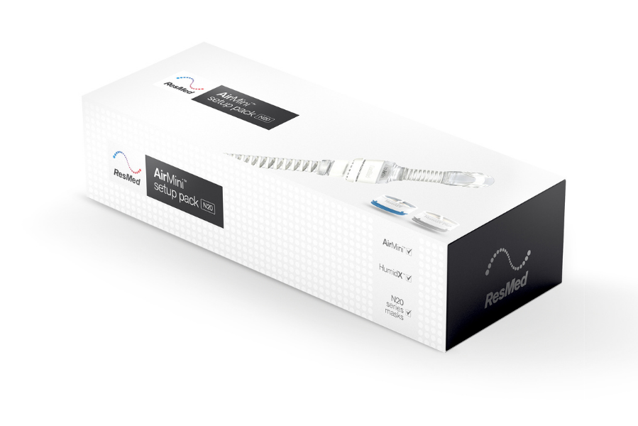 Caja de kit de configuración para Airmini de ResMed con almohadillas, humificadores, maguera y conector