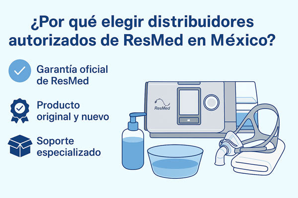 Ilustración de equipo CPAP ResMed con lista de beneficios por comprar con distribuidores autorizados en México: garantía oficial, producto original y soporte especializado