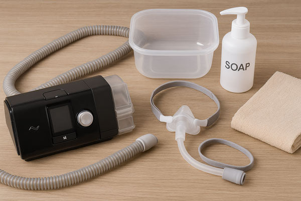 Equipo CPAP ResMed desmontado con mascarilla, manguera, jabón, recipiente y toalla sobre una superficie lista para su limpieza.