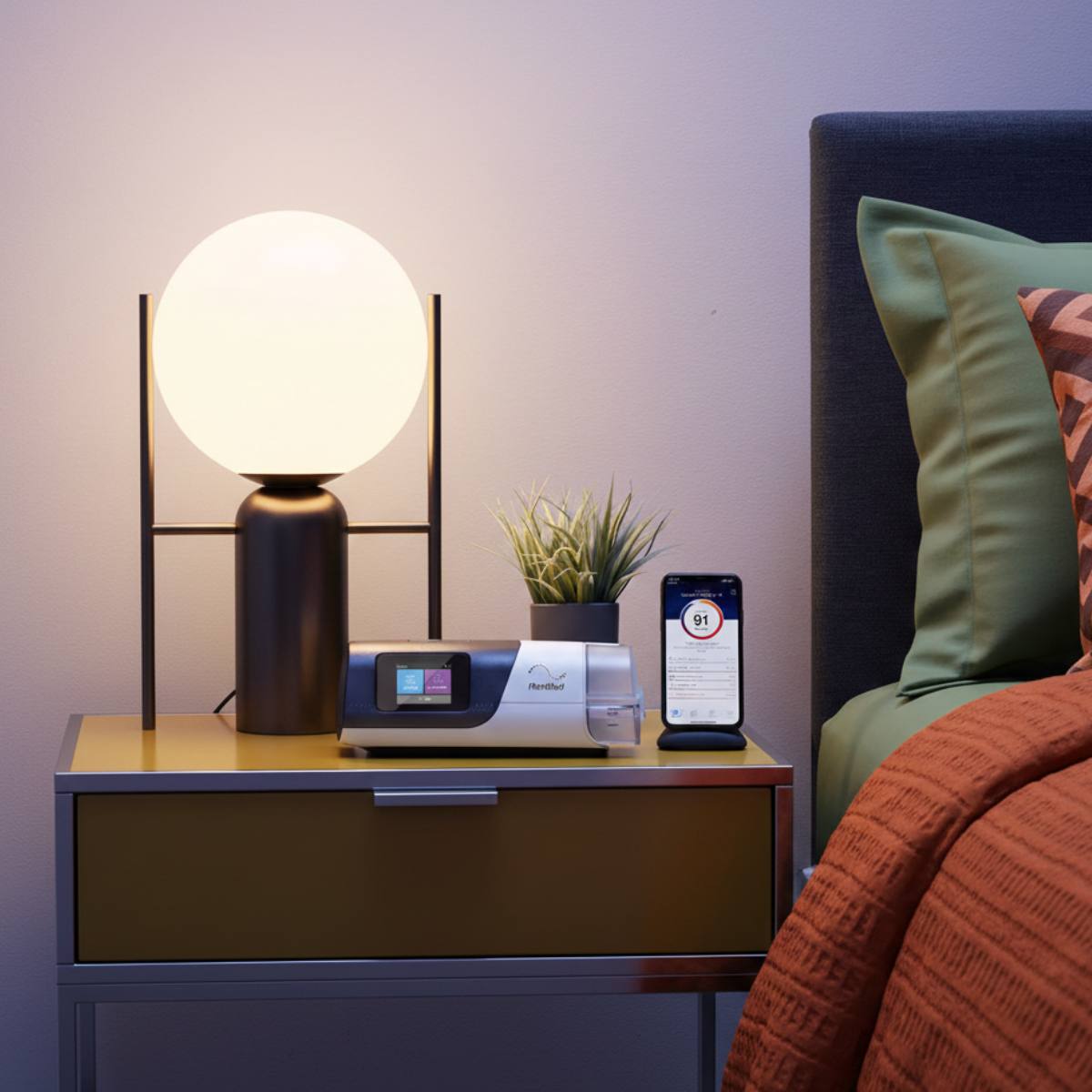 Equipo para la Apnea del sueño en una recámara tranquila a luz tenue