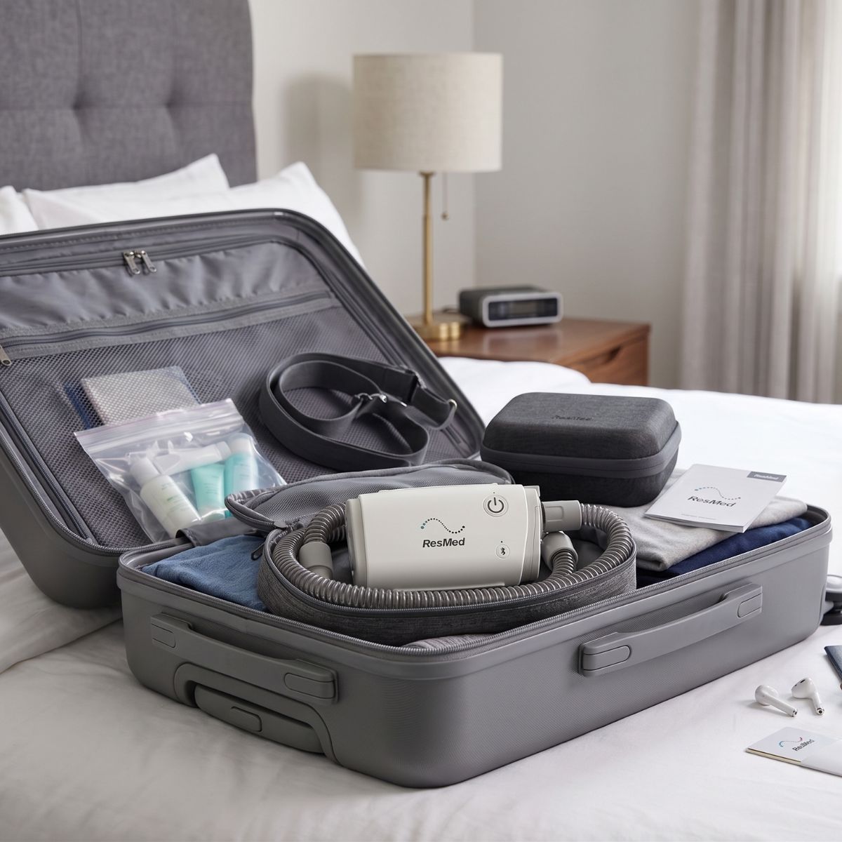 Dispositivo AirMini AutoSet CPAP compacto y portátil para terapia de apnea del sueño con ajuste automático y conectividad Bluetooth.