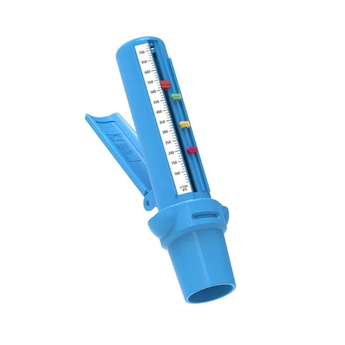 Medidor de flujo máximo Airzone Flexicare azul en vista diagonal, mostrando la escala de L/min ATS y los marcadores de zona de colores ajustables para el control del asma