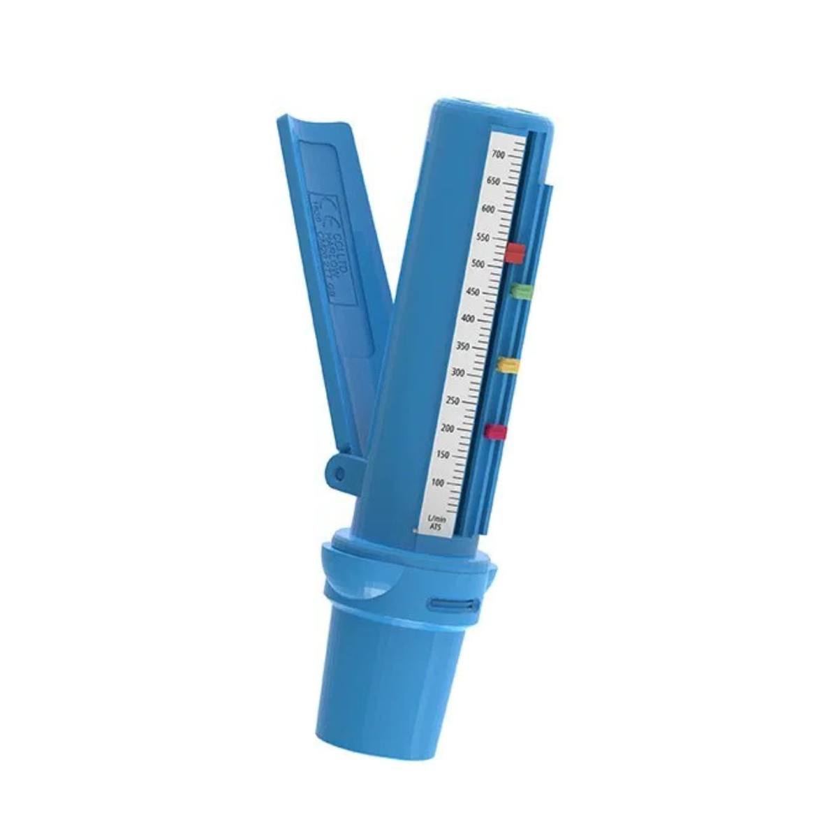 Vista frontal del medidor de flujo máximo Airzone Flexicare. Muestra la escala de medición de función pulmonar y el sistema de semáforo de colores para el manejo respiratorio