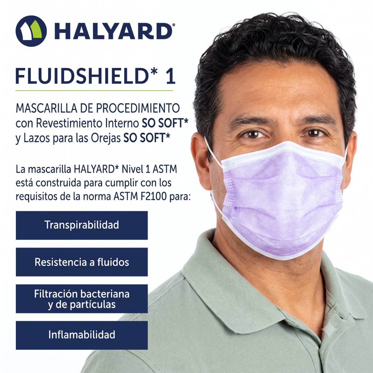 Infografía de la mascarilla FLUIDSHIELD 1 morada destacando su certificación ASTM Nivel 1, alta transpirabilidad, resistencia a fluidos y filtración bacteriana