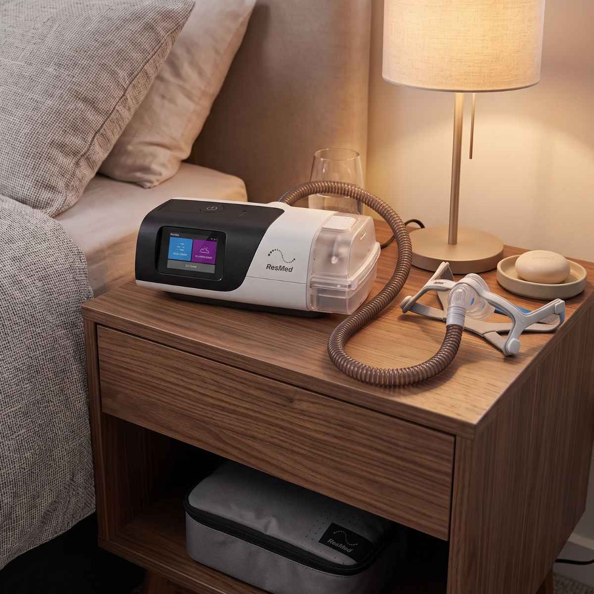 Paquete Airsense 11 CPAP fijo y mascarilla Airfit N20 de ResMed sobre una mesa de noche, listo para iniciar la terapia respiratoria contra la apnea del sueño.