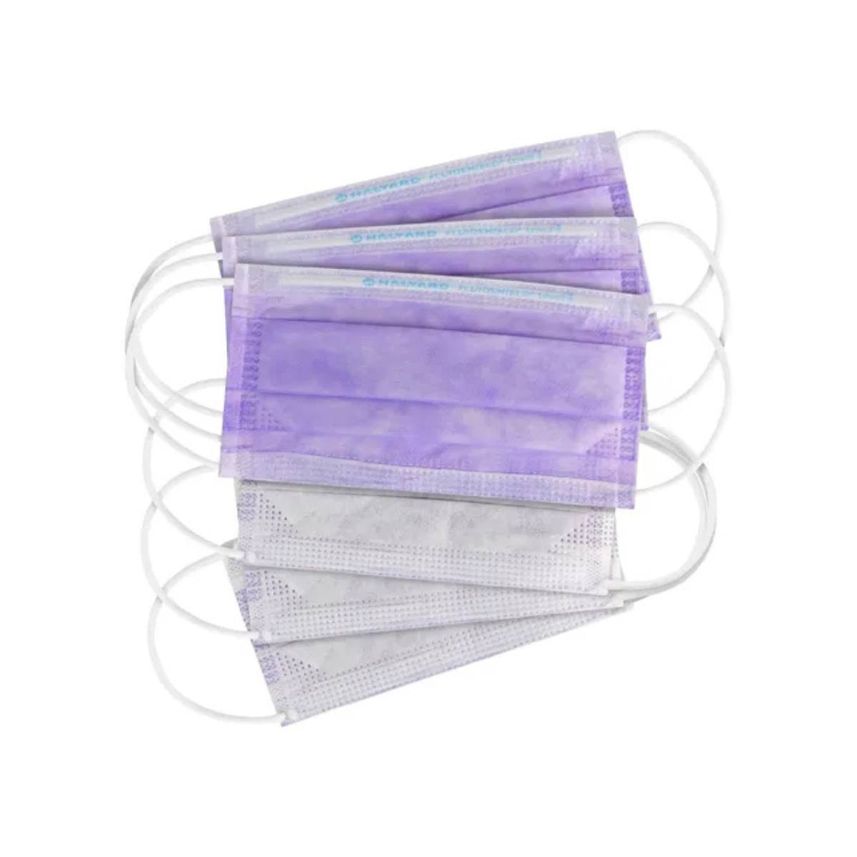 Set de mascarillas FLUIDSHIELD 1 moradas que muestra el frente plisado color lavanda y el reverso con revestimiento interno suave para la piel