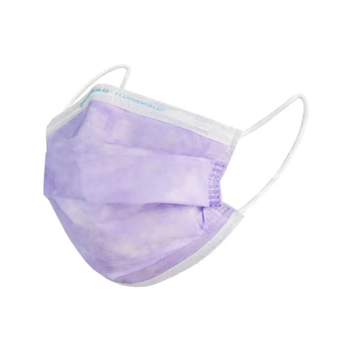 Mascarilla de procedimiento FLUIDSHIELD 1 morada de la marca Halyard con diseño plisado y elásticos blancos sobre fondo claro