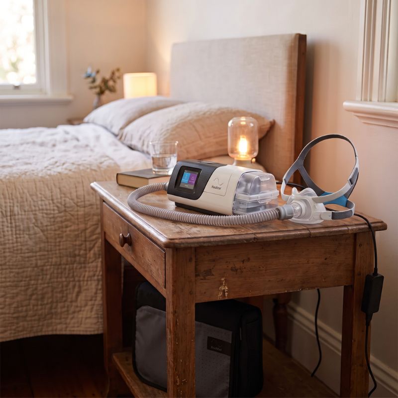paquete de cpap automático o apap con una mascarilla airfit f40 en un mueble vintage color café en 