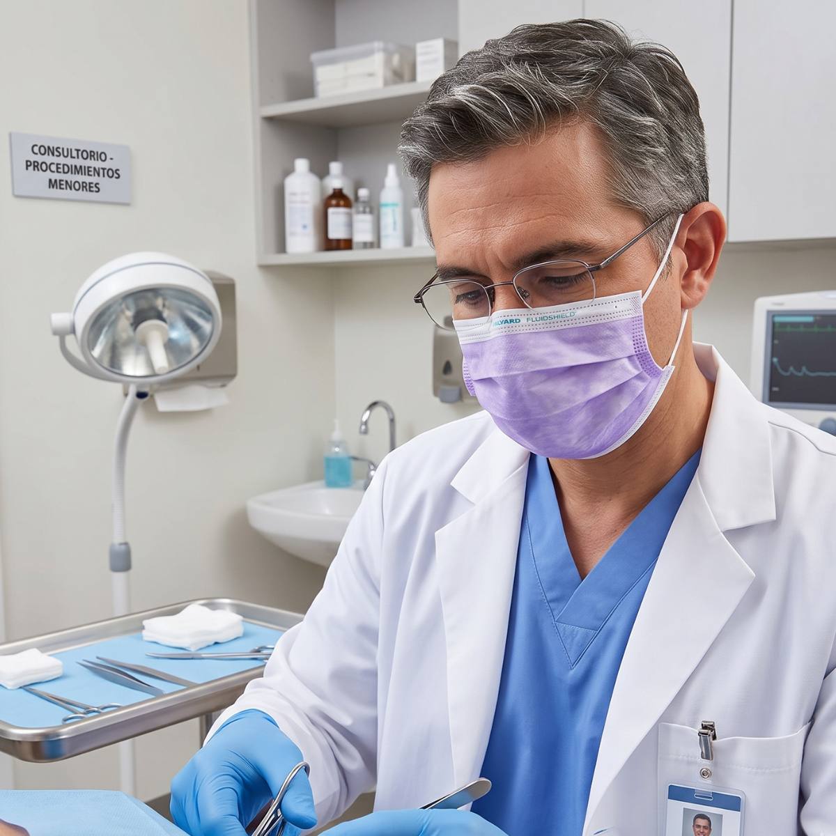 Médico profesional en un consultorio de procedimientos utilizando la mascarilla FLUIDSHIELD 1 morada para protección respiratoria