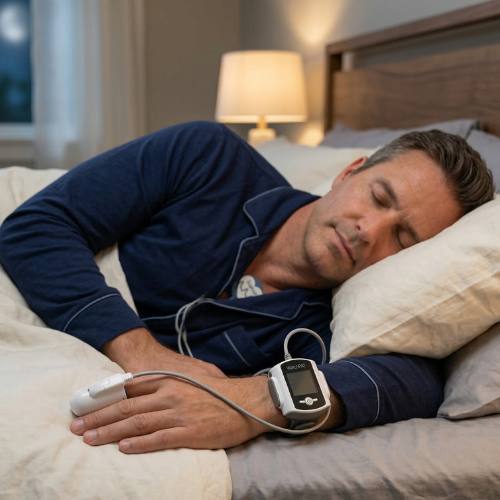 Hombre usando el watchpat para estudio de sueño en casa mientras duerme comodamente