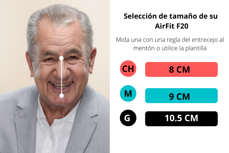 Regla para las medidas en cara de la mascarilla airfit f20 de aresmed que van desde los 8cm hasta los 10.5